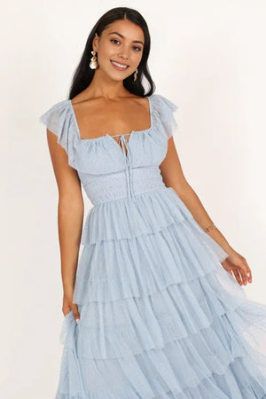 Tulle ruffles Maxi Dress Blue