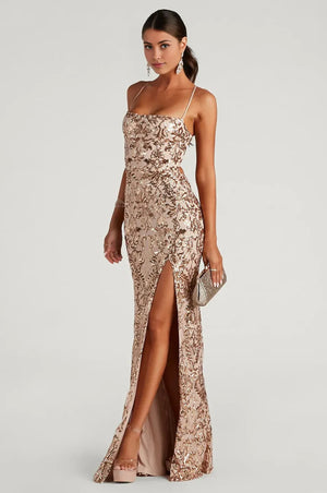Formal Sequin Mermaid Maxi Dress Gold